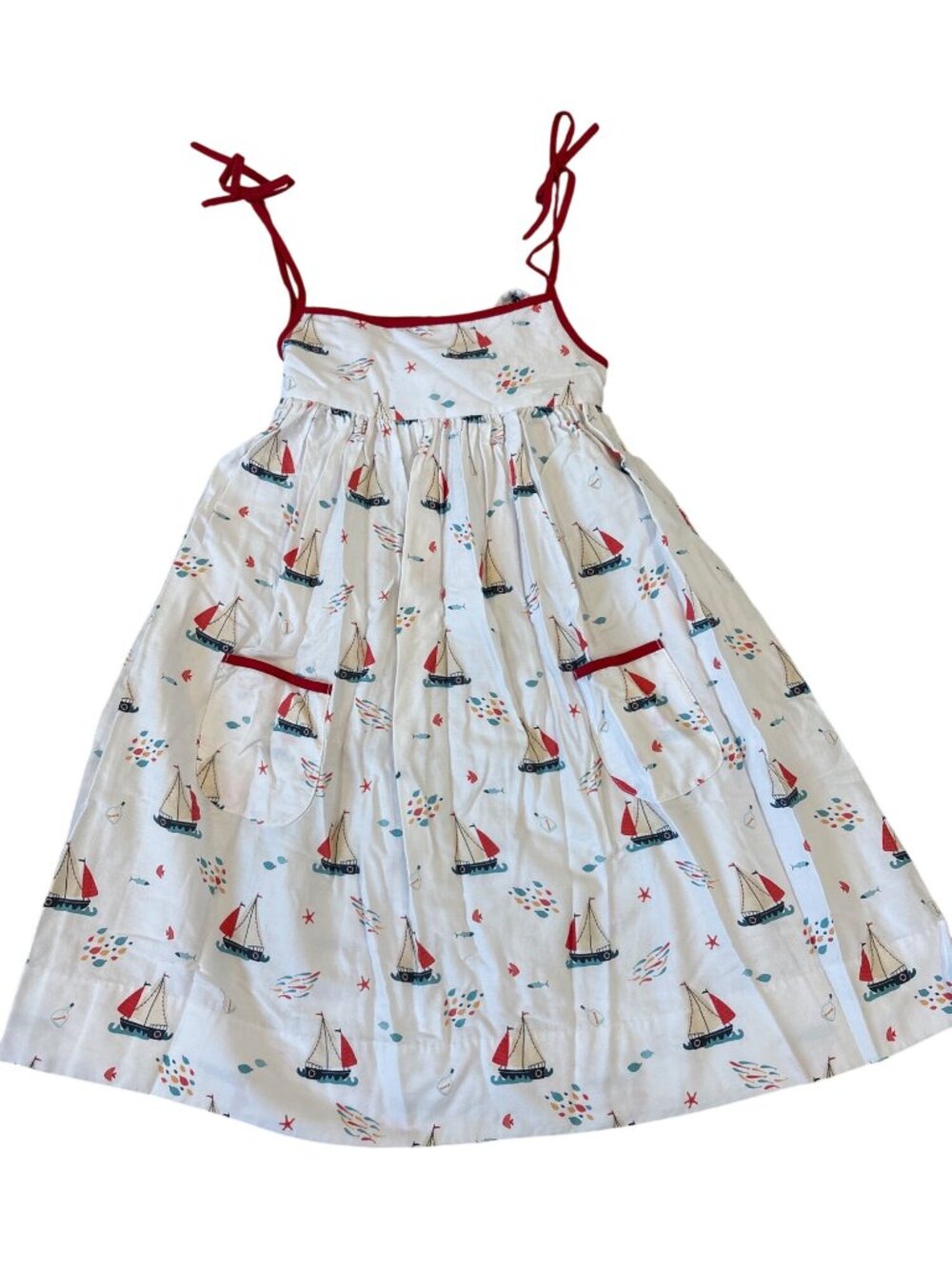 Lulu Bebe Girls Nautical-Themed Sundress Red Tie Straps White With Boat Print Si